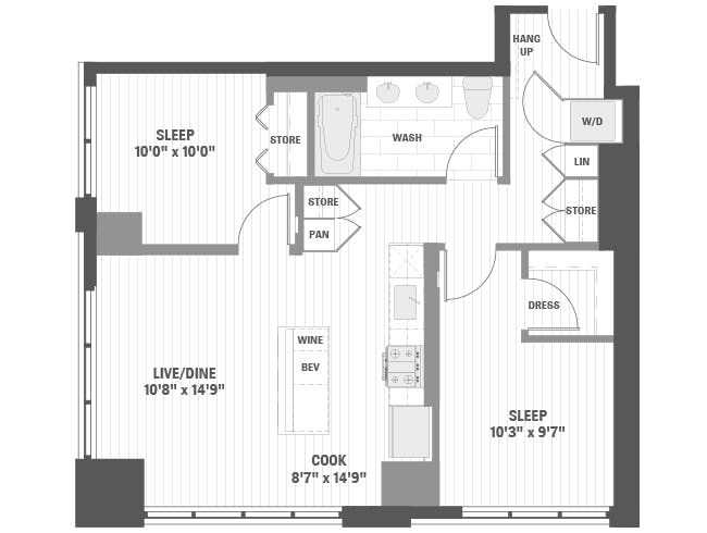 B3 floor plan, 2 Bedroom, 1 Bathroom at AMLI 808 apartments