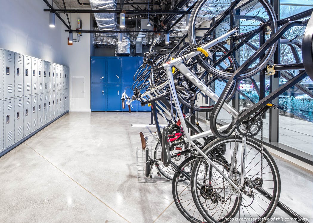 AMLI Lenox bike storage area with bicycles hanging vertically in their racks with silver and blue lockers in the background