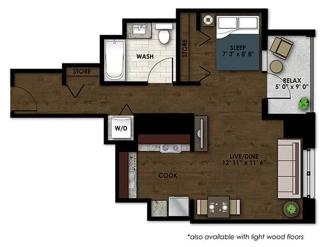 E140 floor plan, Studio, 1 Bathroom at AMLI River North apartments