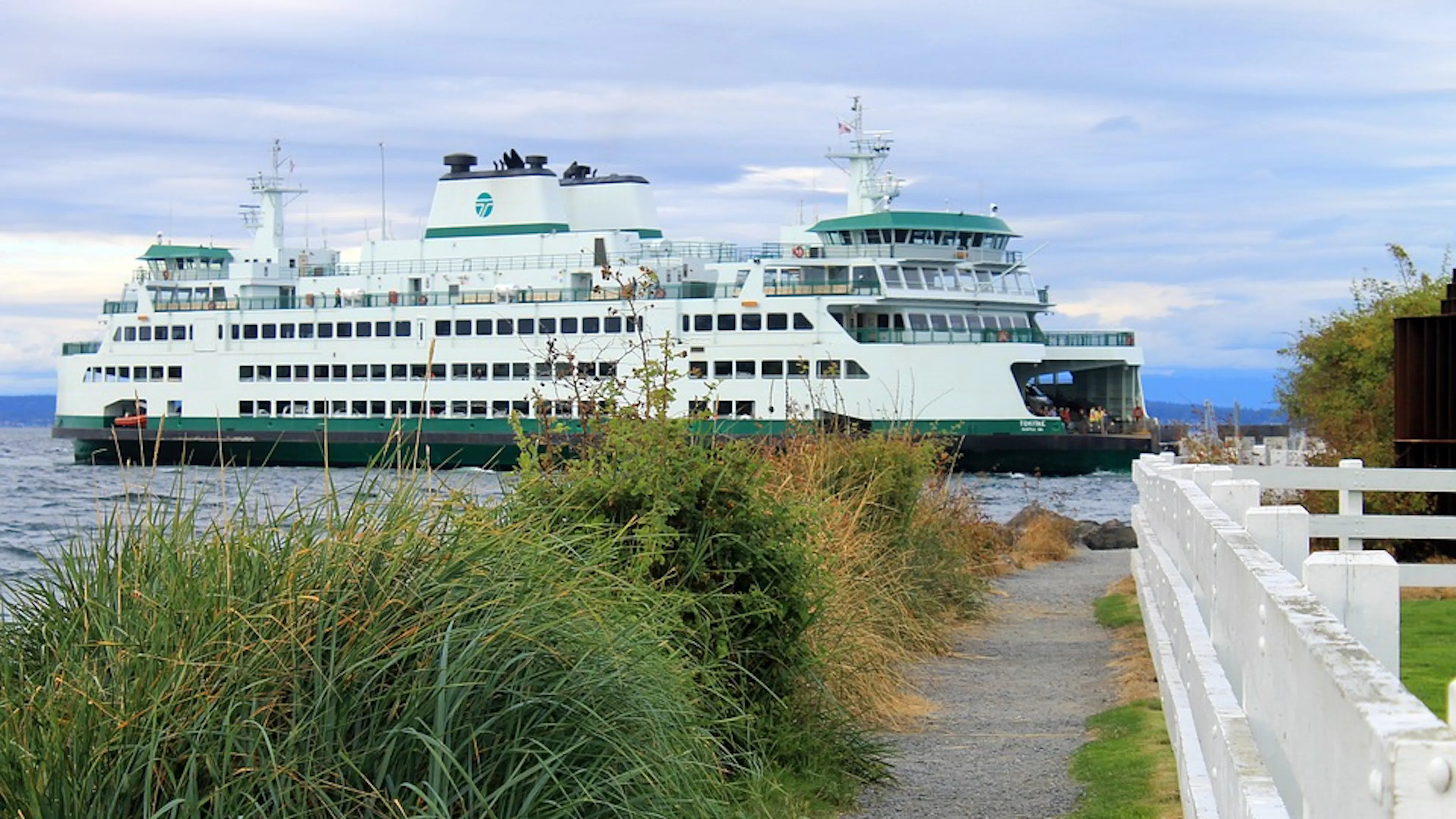 A Washington State Ferry coming into harbor just beyond a grassy shore along Puget Sound
