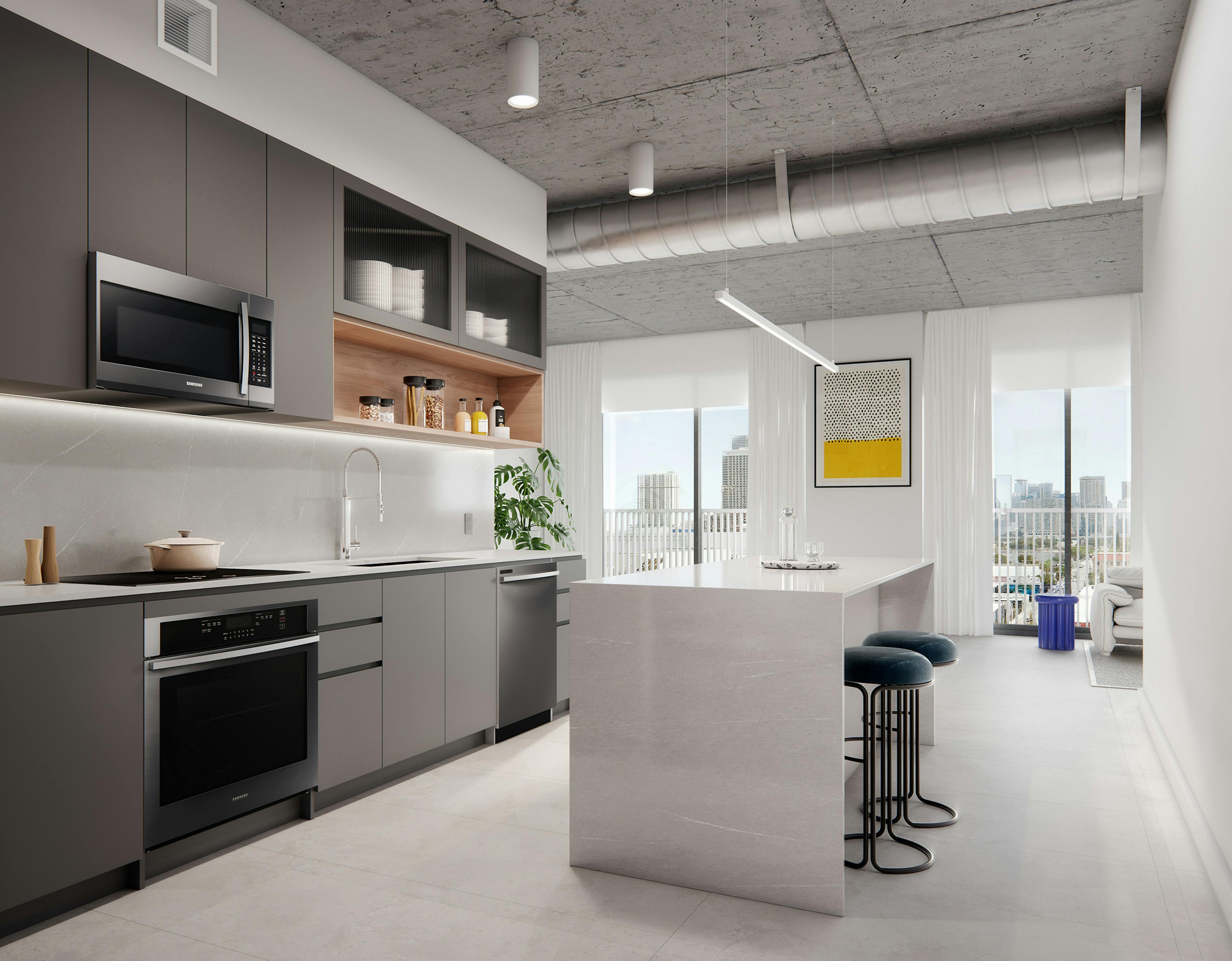 Rendering of AMLI Wynwood apartment kitchen at AMLI Wynwood showcasing an white island and gray cabinets below exposed concrete ceiling 