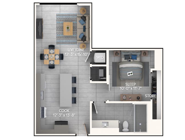 A3c floor plan, 1 Bedroom, 1 Bathroom at AMLI Wynwood apartments