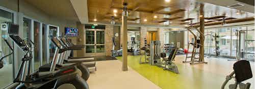 Interior view of AMLI RidgeGate fitness center with flat screen TV, cardio equipment and free weights facing courtyard