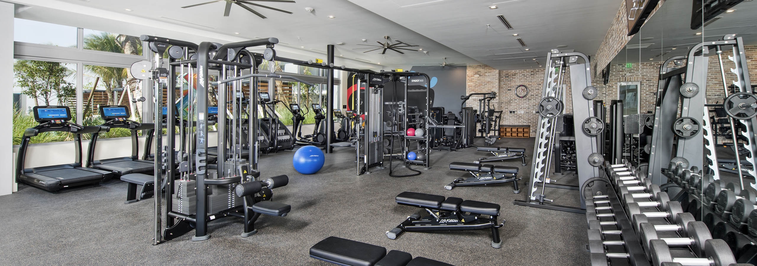 Fitness center at AMLI Midtown 29 apartments  with treadmills and benches and weights with mirror wall and overhead TV