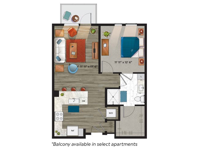 A3e floor plan, 1 Bedroom, 1 Bathroom at AMLI at Uptown apartments