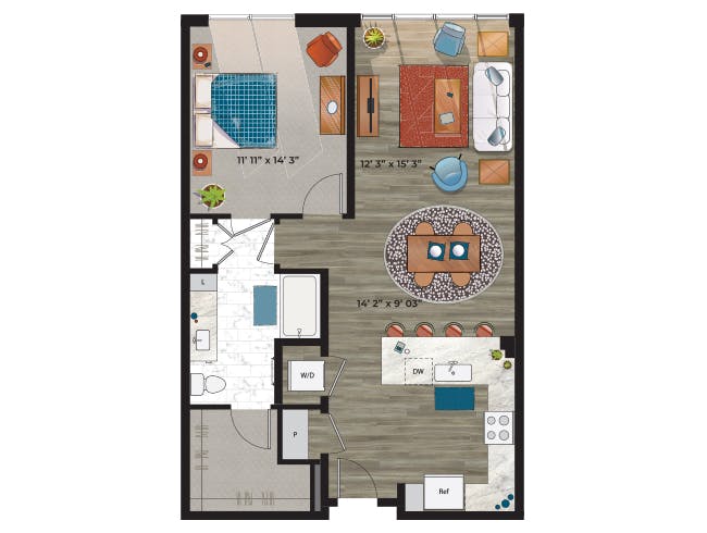 A5f floor plan, 1 Bedroom, 1 Bathroom at AMLI at Uptown apartments