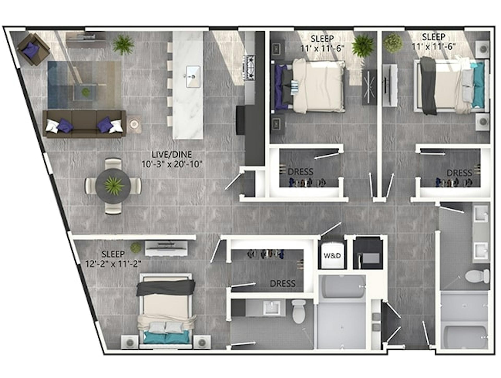 D6P floor plan, 3 Bedroom, 2 Bathroom, Penthouse at AMLI Midtown Miami apartments