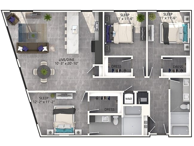 D6P floor plan, 3 Bedroom, 2 Bathroom, Penthouse at AMLI Midtown Miami apartments