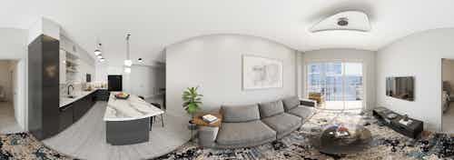 Panoramic interior rendering of AMLI Midtown Miami island kitchen with Italian cabinetry and furnished living room