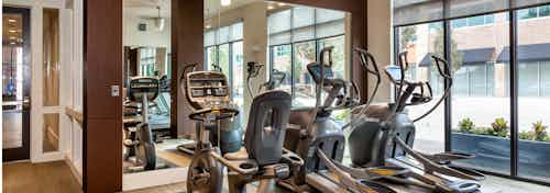 AMLI West Plano fitness center with tall windows showing different cardio exercise machines in front of a large wall mirror