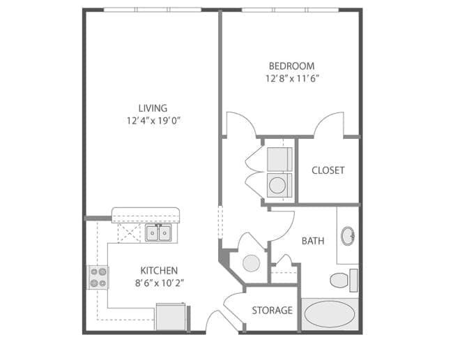 A3e floor plan, 1 Bedroom, 1 Bathroom at AMLI Quadrangle apartments