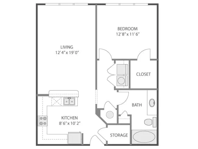 A3e floor plan, 1 Bedroom, 1 Bathroom at AMLI Quadrangle apartments