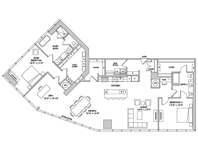 P4101 floor plan, 2 Bedroom, 2 Bathroom, Penthouse, Den/Office at AMLI Fountain Place apartments