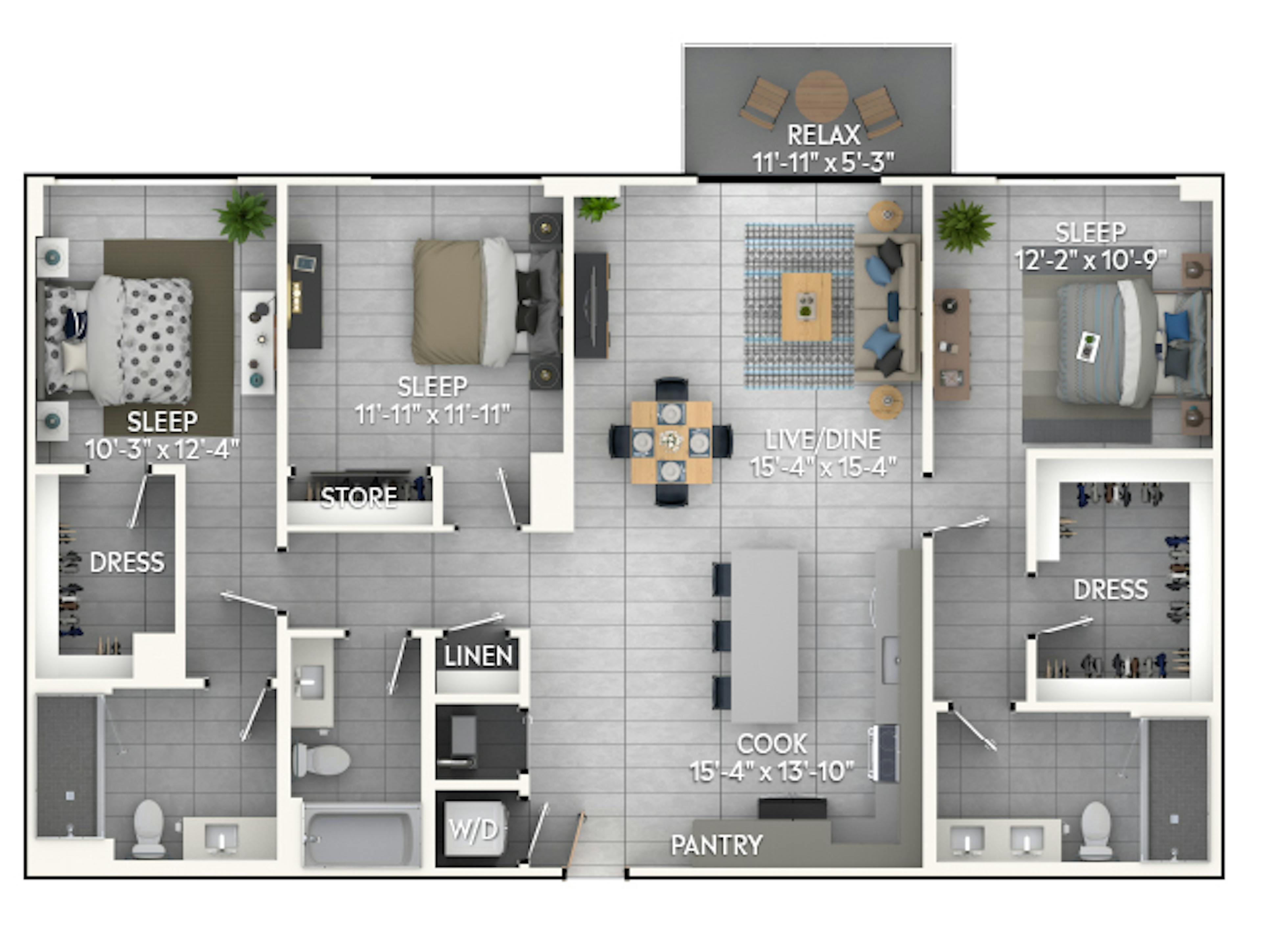 D6a floor plan, 3 Bedroom, 3 Bathroom at AMLI Wynwood apartments