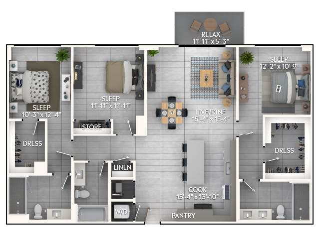 D6a floor plan, 3 Bedroom, 3 Bathroom at AMLI Wynwood apartments