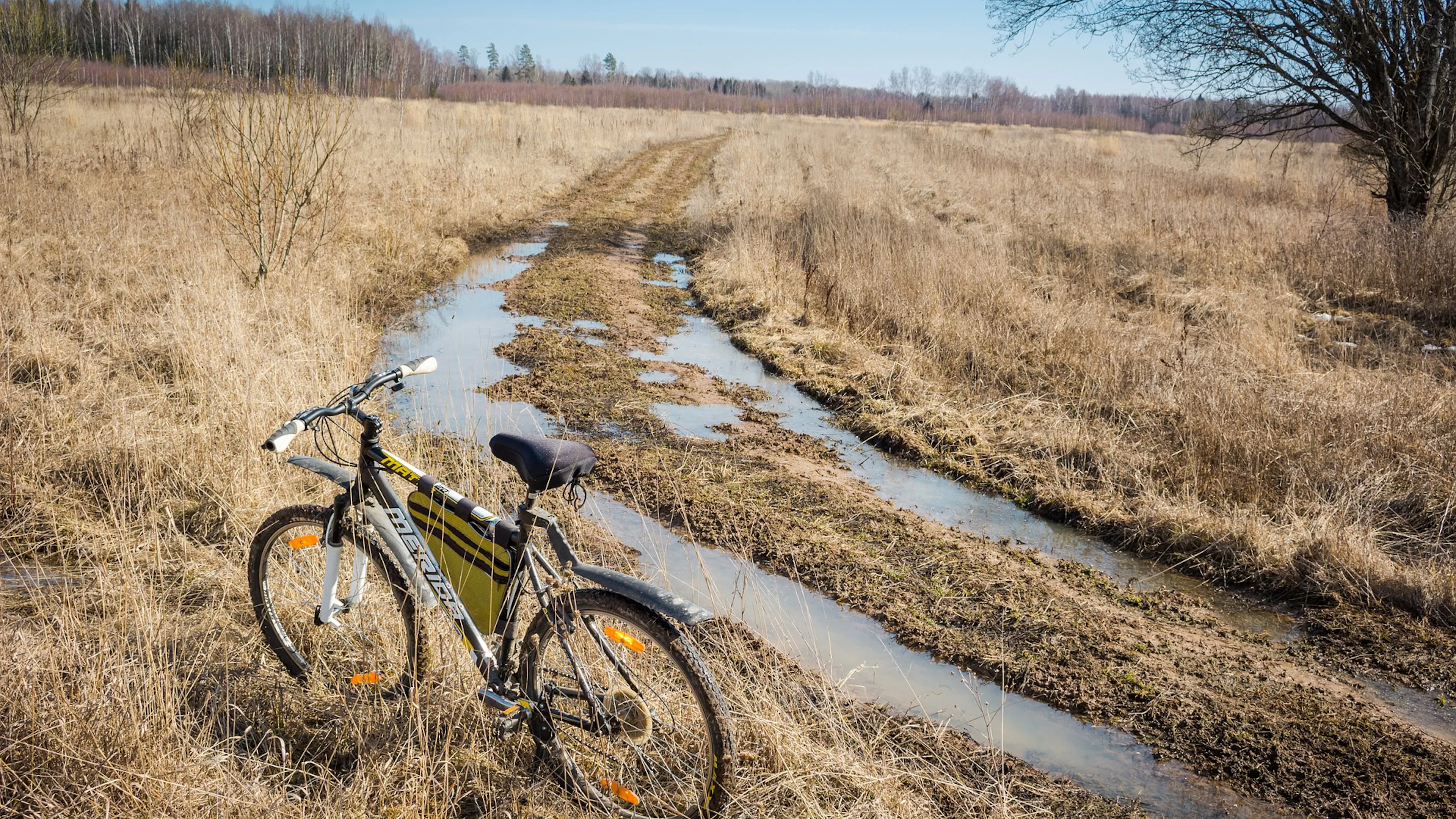 bicycle by water filled muddy tracks in field