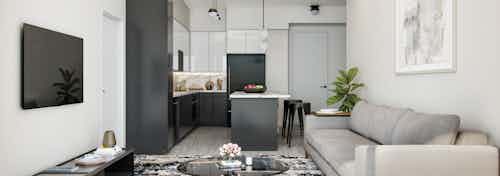 Rendering of AMLI Midtown Miami modern living room and island kitchen with black and white cabinets and black appliances