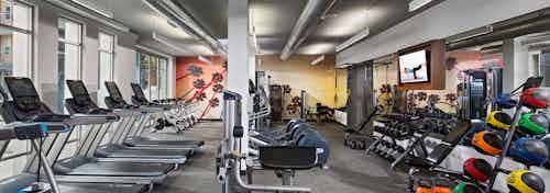 Interior of fitness center at AMLI Uptown Orange apartments with cardio machines and free weights and medicine balls and TV
