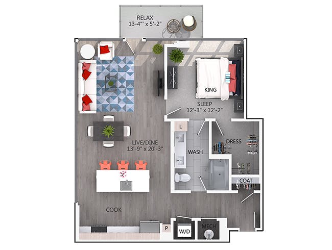 A5 floor plan, 1 Bedroom, 1 Bathroom at AMLI Arts Center apartments