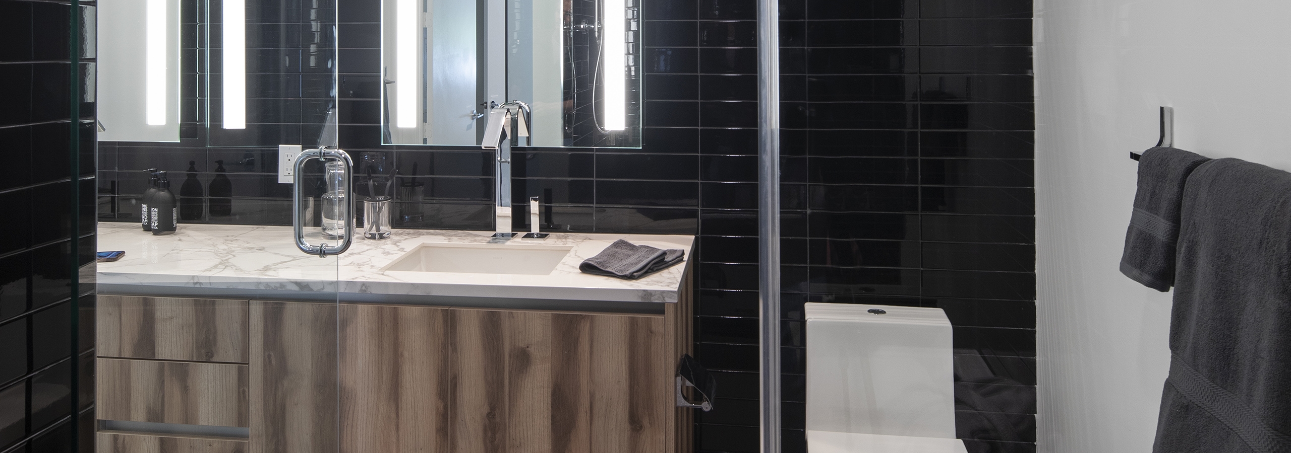Interior view of AMLI Midtown Miami apartment bathroom black subway tile walls and modern zebra wood vanity and toilet