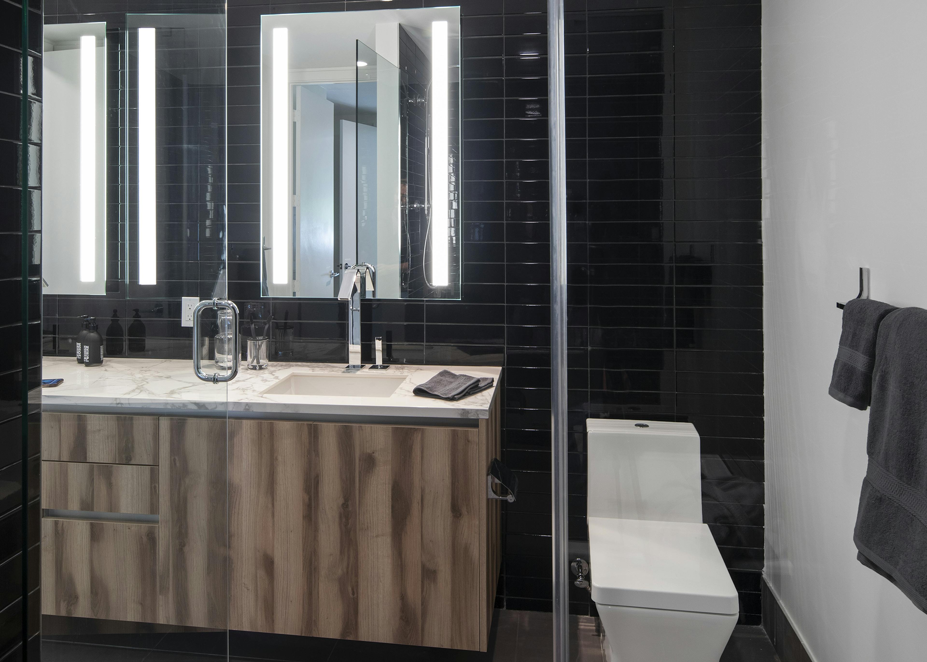 Interior view of AMLI Midtown Miami apartment bathroom black subway tile walls and modern zebra wood vanity and toilet