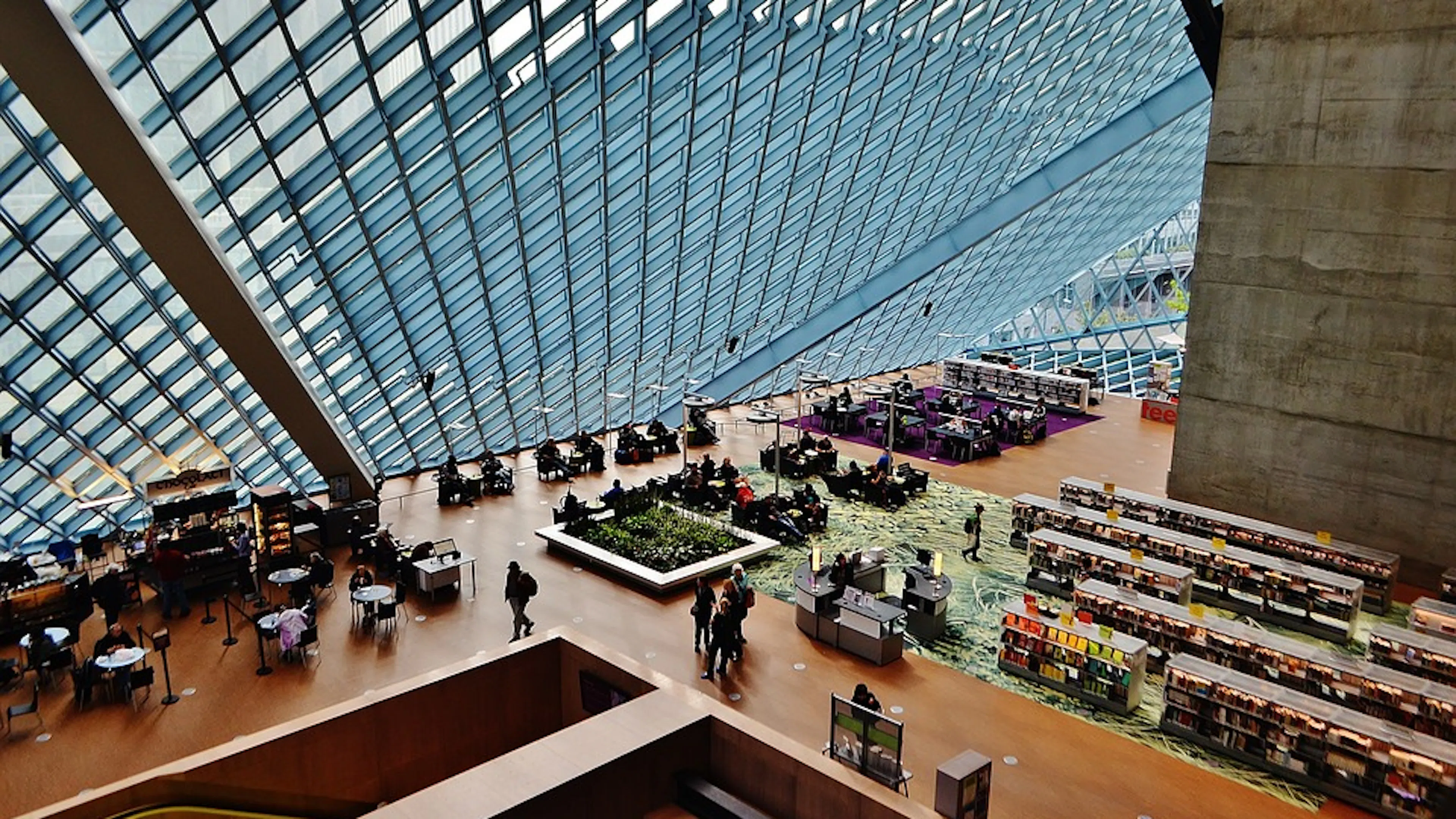 A view of the Seattle central library from the inside looking out toward the diamond shaped exterior windows