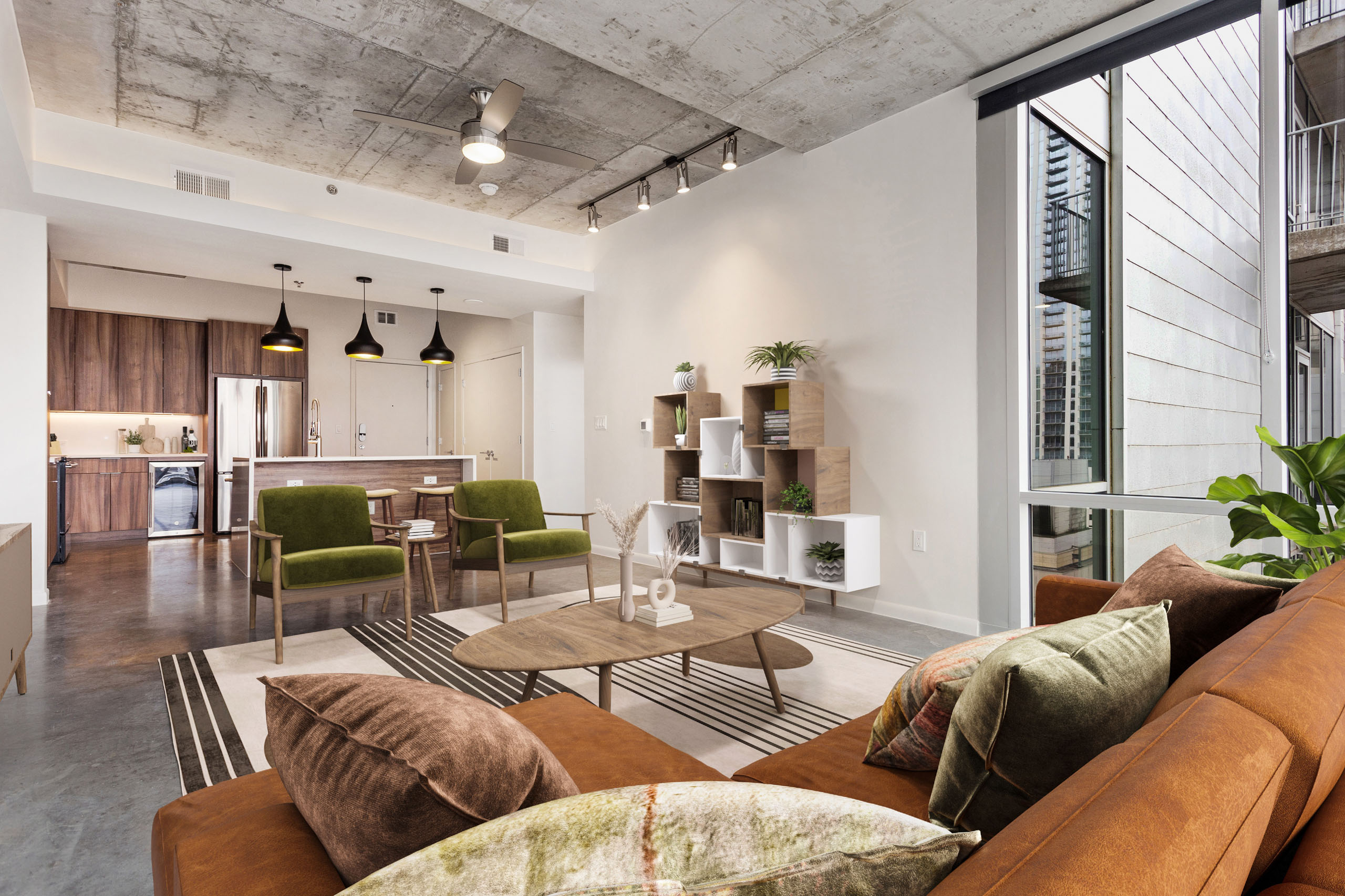 AMLI on 2nd living room with concrete flooring and floor -to -ceiling windows with couch  and coffee table with view of kitchen