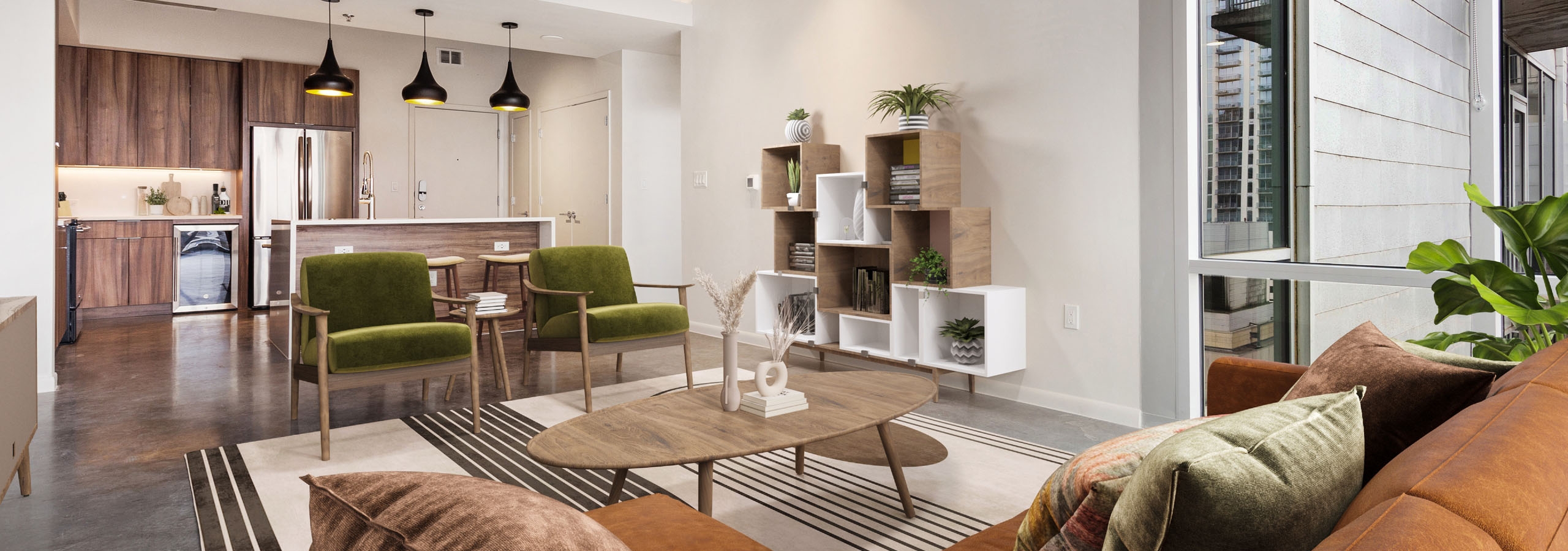 AMLI on 2nd living room with concrete flooring and floor -to -ceiling windows with couch  and coffee table with view of kitchen