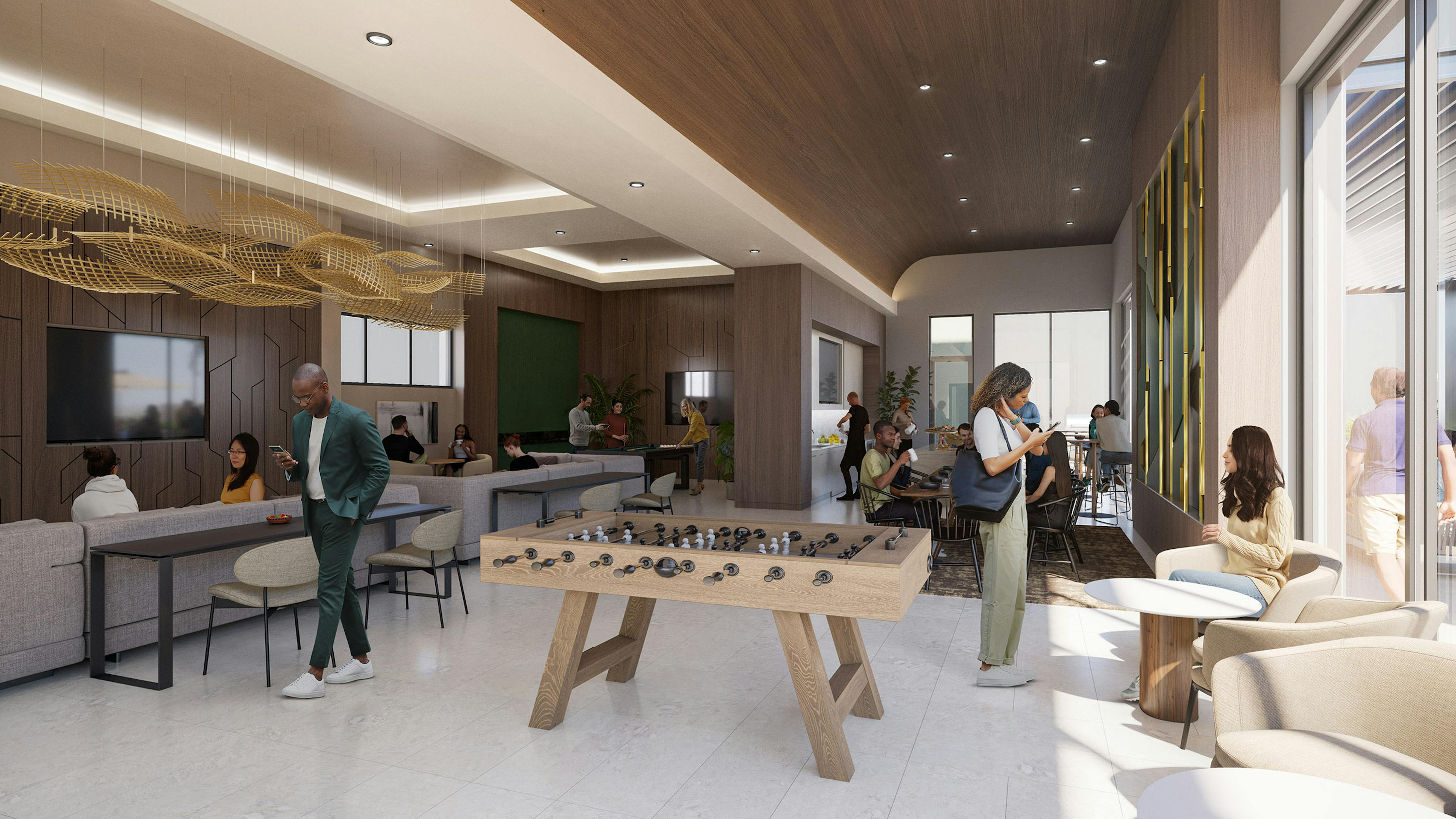 Rendering of AMLI Aero clubhouse lounge with foosball table and people sitting and socializing in different areas