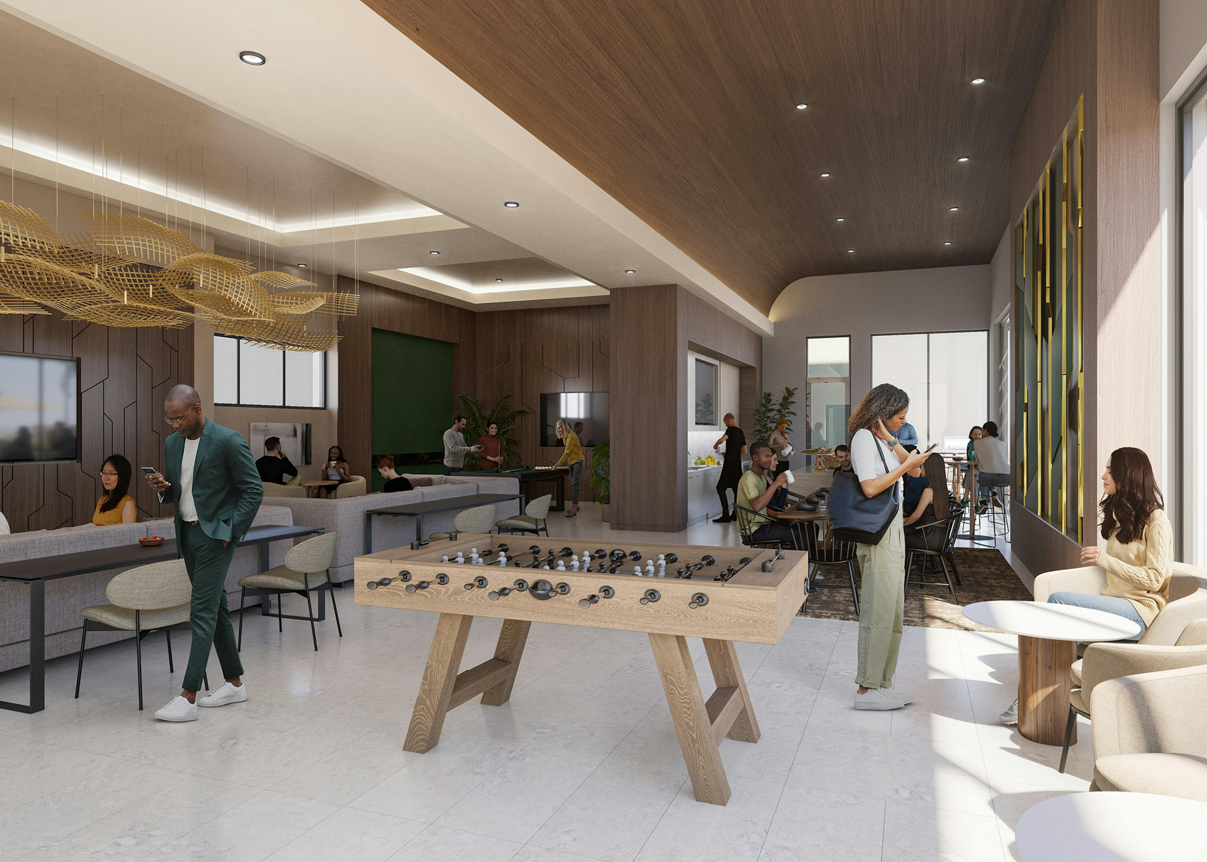 Rendering of AMLI Aero clubhouse lounge with foosball table and people sitting and socializing in different areas
