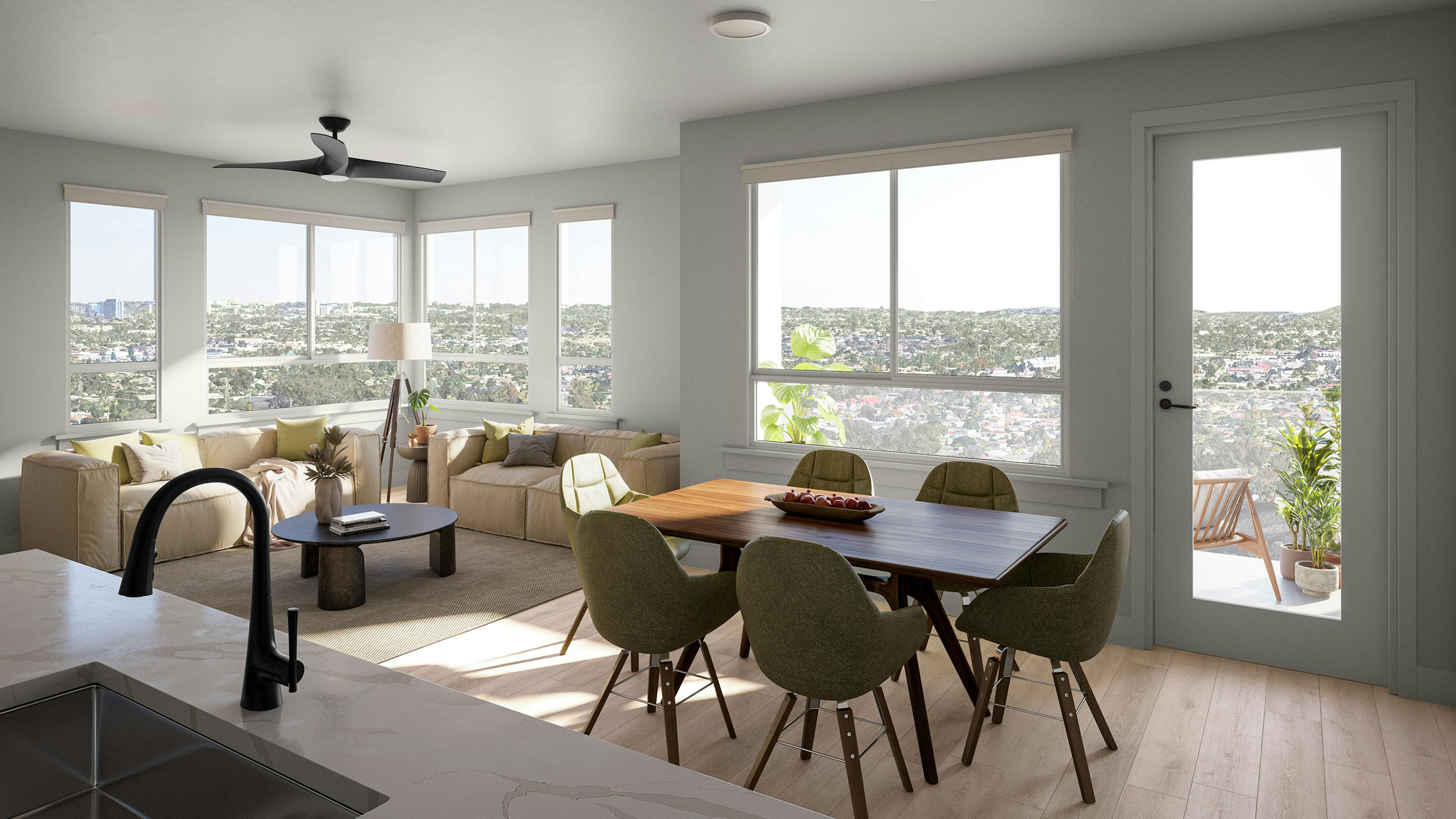 Rendering of AMLI Aero living and dining room with wood table with 6 chairs and couches around coffee table with scenic view 