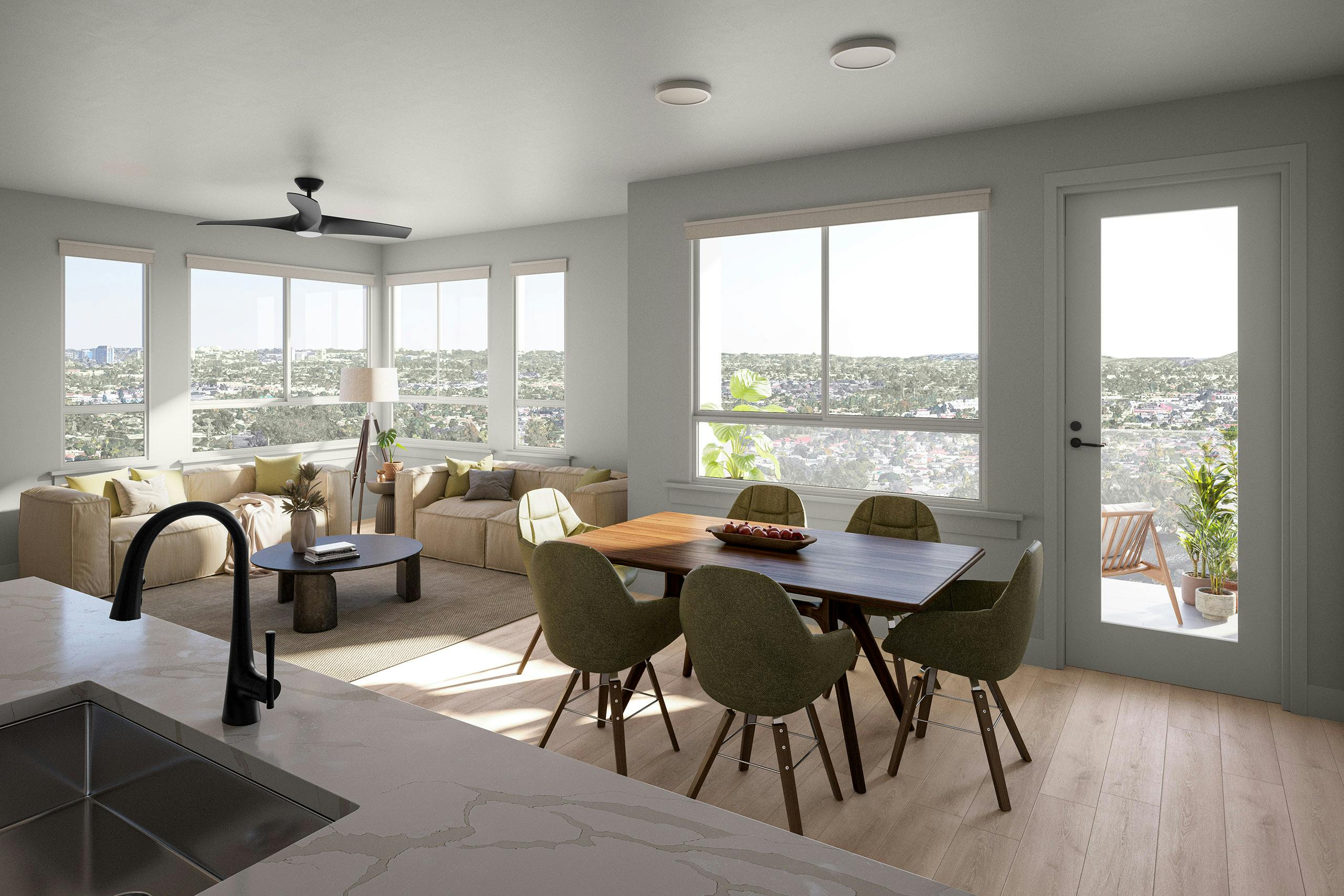 Rendering of AMLI Aero living and dining room with wood table with 6 chairs and couches around coffee table with scenic view 