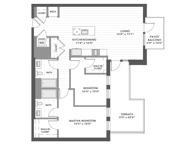 C6g floor plan, 2 Bedroom, 2 Bathroom at AMLI Old Pasadena apartments