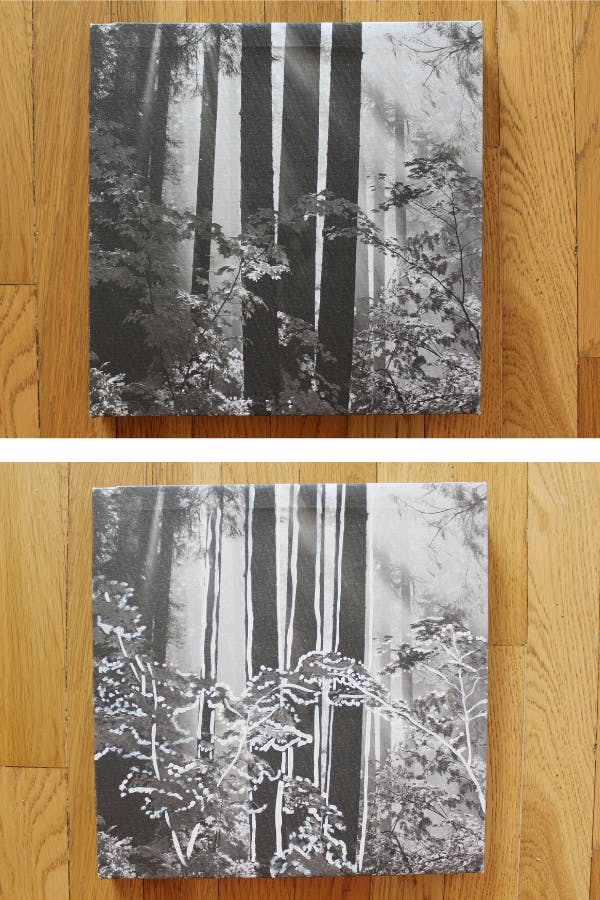 A side by side picture of a black and white printed photo with painted outlines of the forest on the second photo