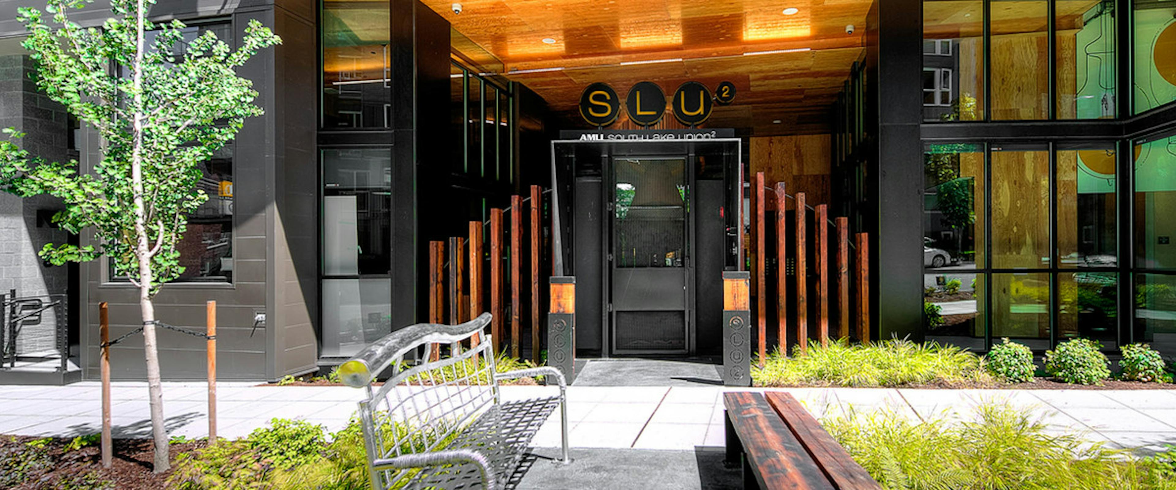 Landscaped exterior entrance to the second building at AMLI South Lake Union.