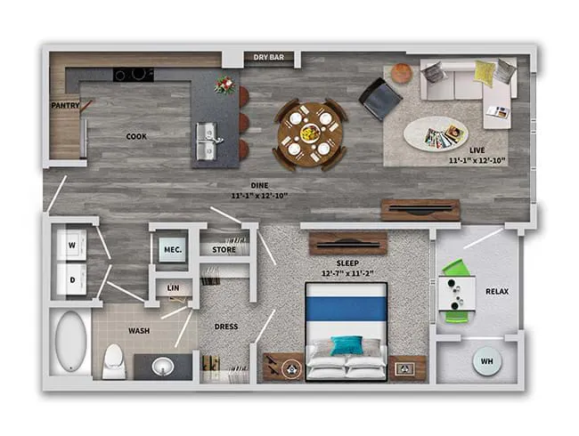 A3c floor plan, 1 Bedroom, 1 Bathroom at AMLI Dry Creek apartments