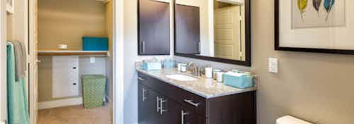 Bathroom at AMLI at Mueller featuring a black vanity sink with a light countertop and framed mirror on beige walls