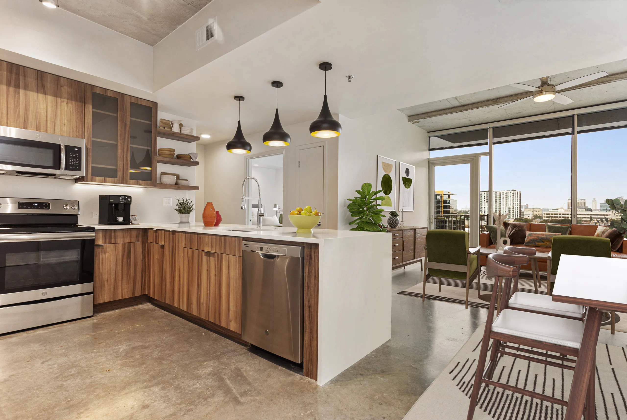 AMLI on 2ND kitchen and living room interior - Austin, TX