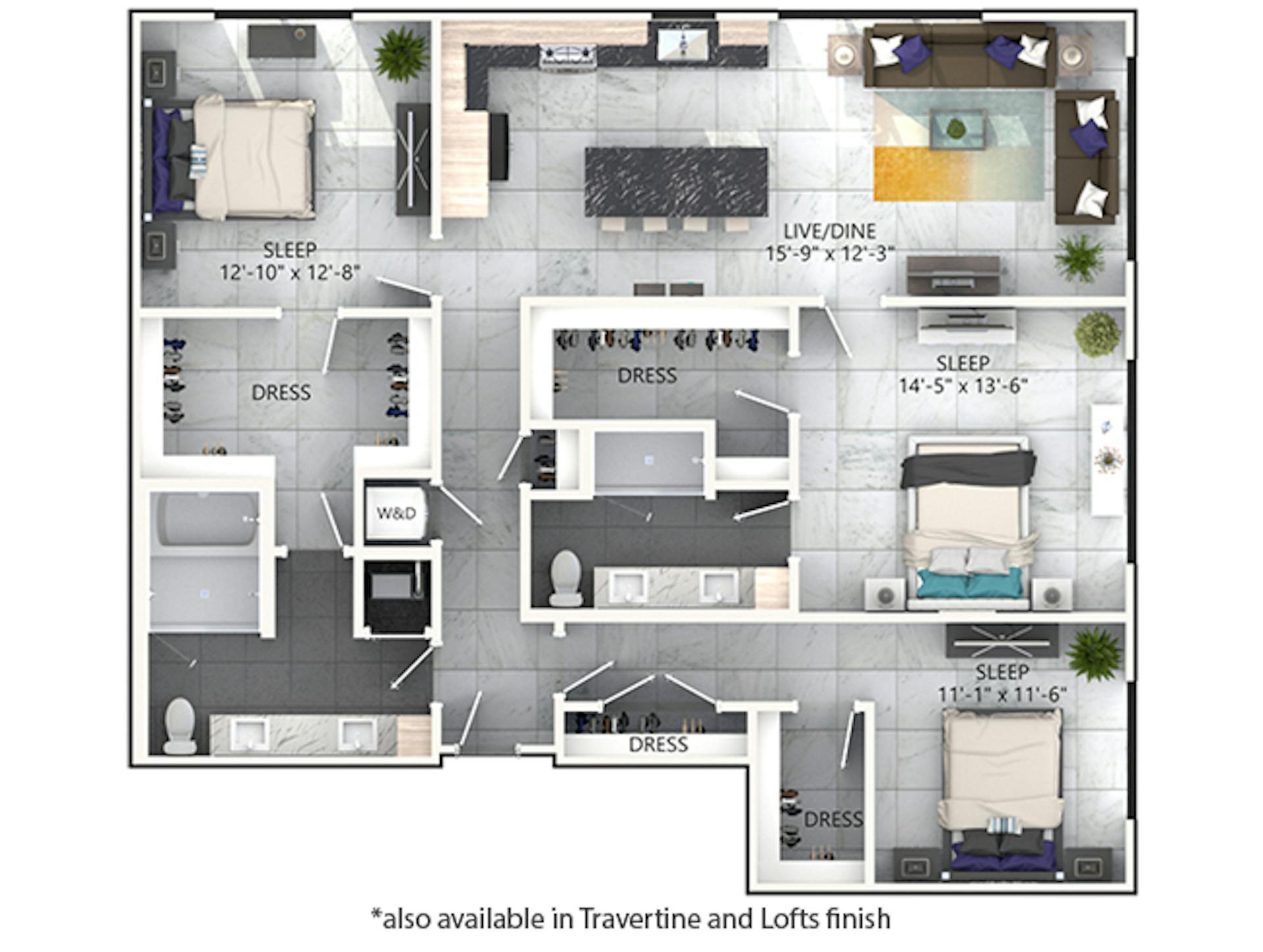 D7 floor plan, 3 Bedroom, 2 Bathroom at AMLI Midtown Miami apartments