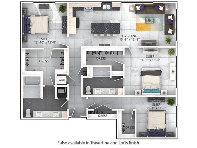 D7 floor plan, 3 Bedroom, 2 Bathroom at AMLI Midtown Miami apartments
