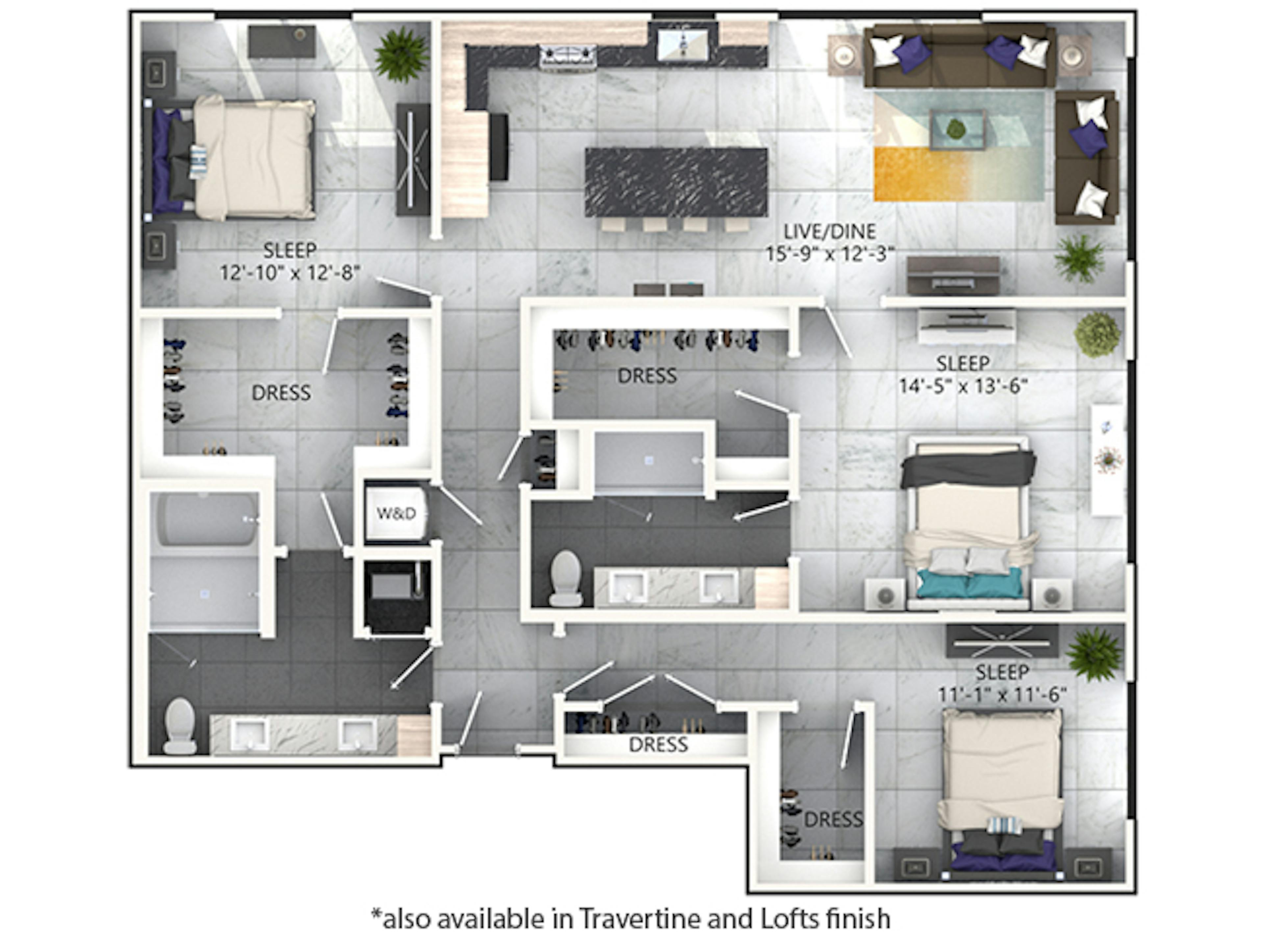 D7 floor plan, 3 Bedroom, 2 Bathroom at AMLI Midtown Miami apartments