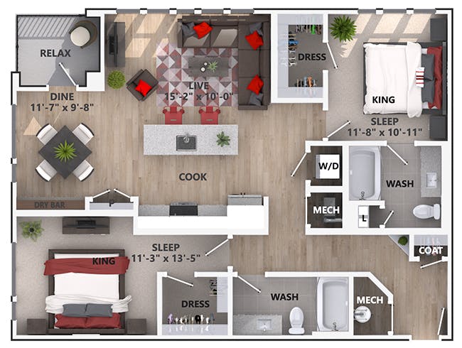 C5b floor plan, 2 Bedroom, 2 Bathroom at AMLI Riverfront Green apartments