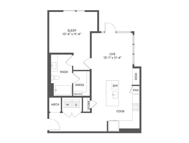 A4 floor plan, 1 Bedroom, 1 Bathroom at AMLI Art District apartments
