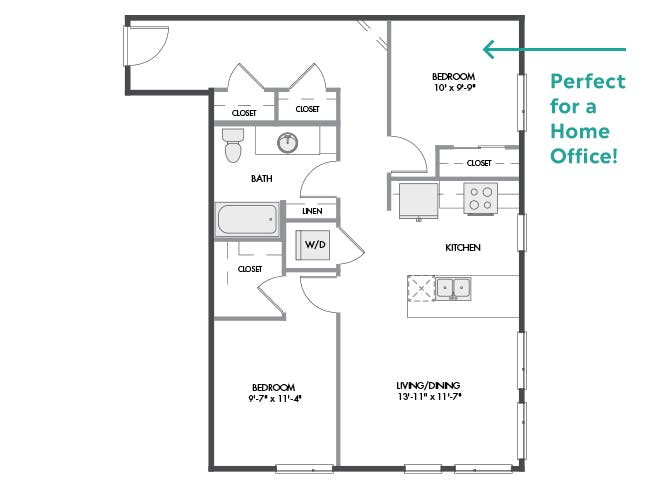 B4 floor plan, 2 Bedroom, 1 Bathroom, 2nd BR/Home Office at AMLI Spring District apartments