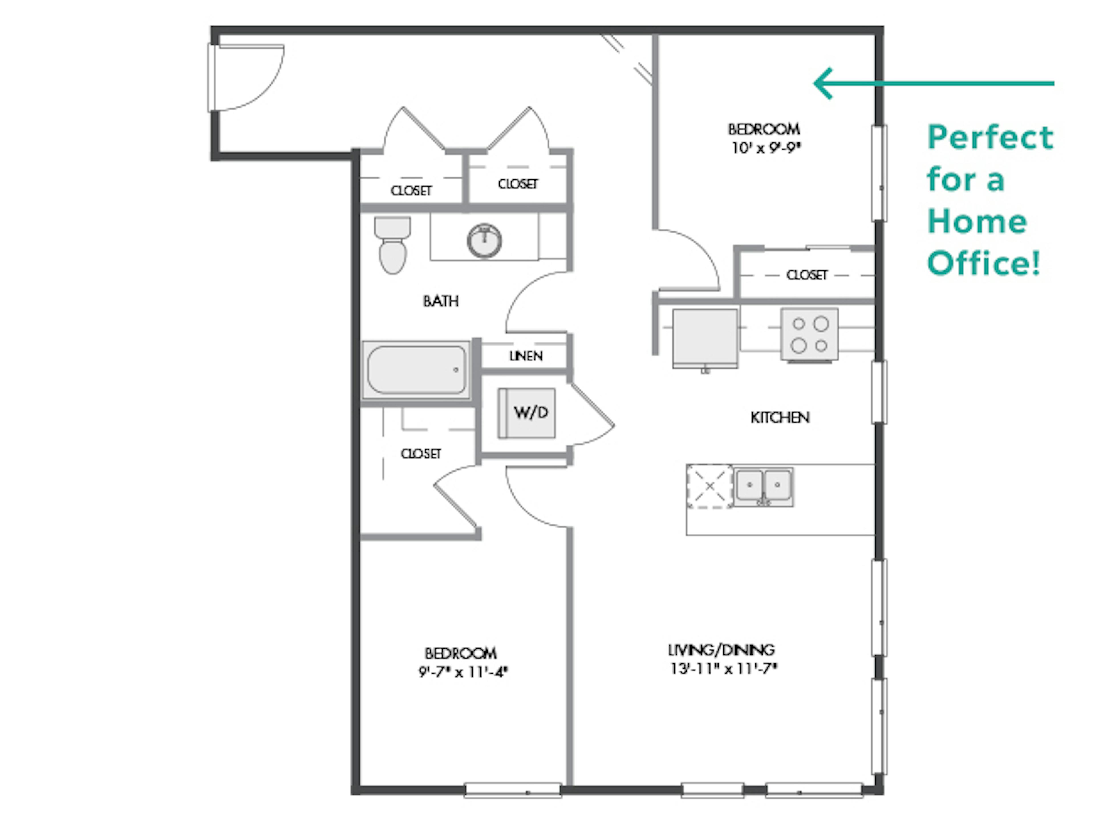B4 floor plan, 2 Bedroom, 1 Bathroom, 2nd BR/Home Office at AMLI Spring District apartments
