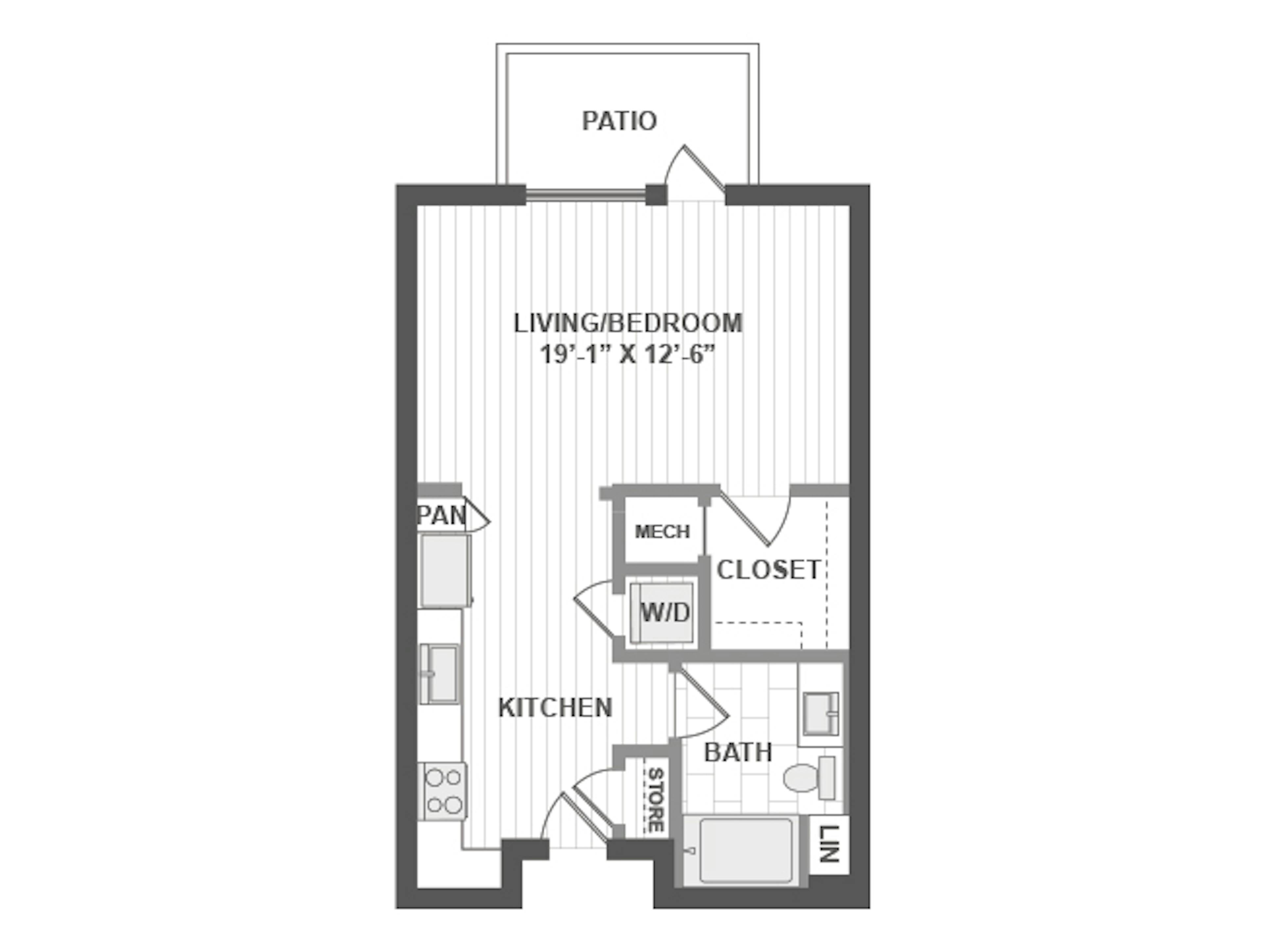 E1 floor plan, Studio, 1 Bathroom at AMLI Park Broadway apartments