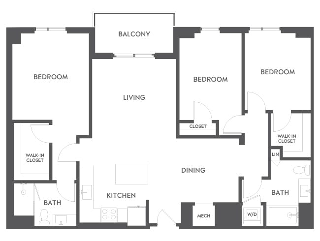 D4 floor plan, 3 Bedroom, 2 Bathroom at AMLI Midtown 29 apartments