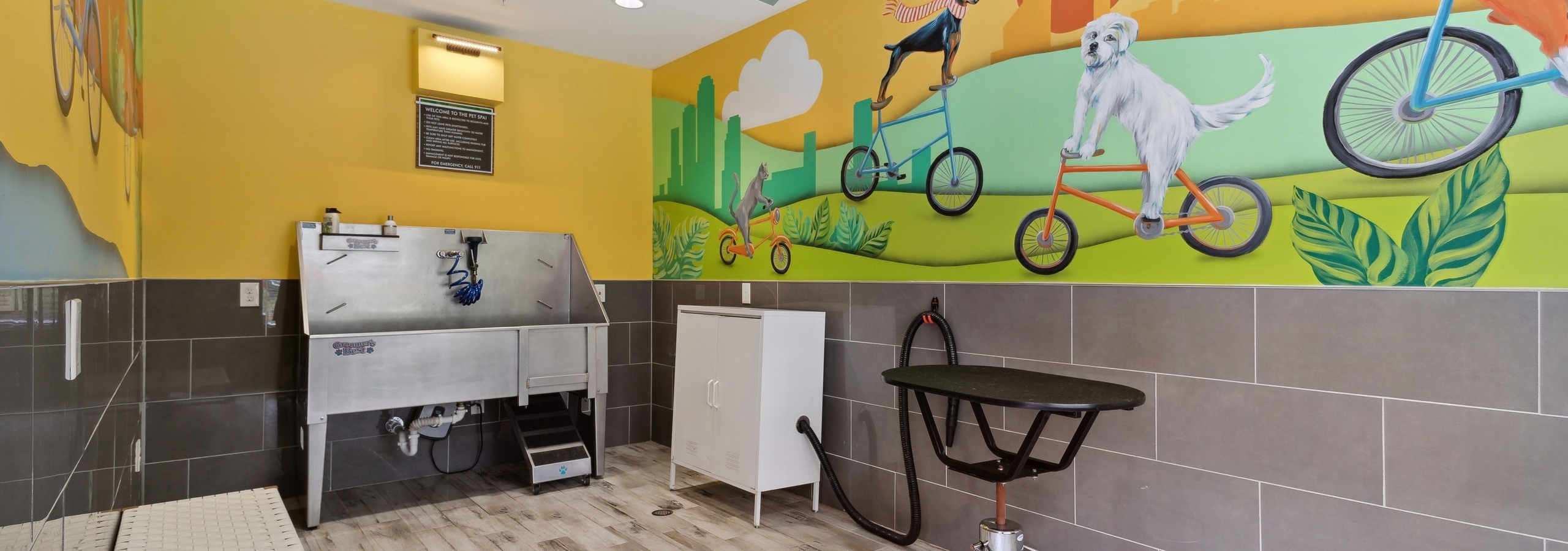 AMLI Ponce Park pet spa with yellow colorful wall art and a large stainless steel sink and pet table with dryer