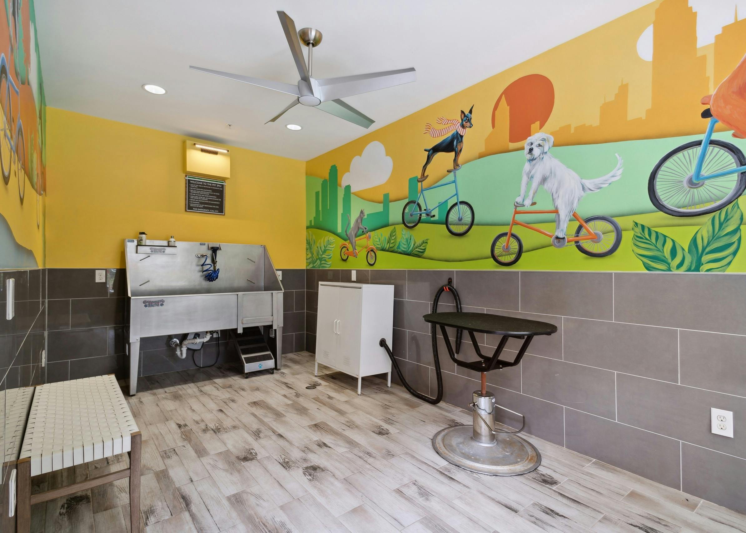 AMLI Ponce Park pet spa with yellow colorful wall art and a large stainless steel sink and pet table with dryer