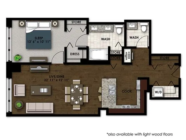 A540 floor plan, 1 Bedroom, 1.5 Bathroom at AMLI River North apartments